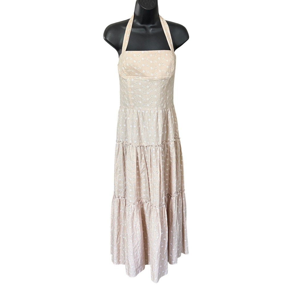 Jessica Howard Halter Eyelet Floral Maxi Dress Sz 10 Beige White Cottagecore